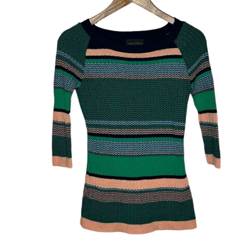 Green Orange Striped 3/4 Sleeve Sweater Small Absolutely Creative Worldwide USA